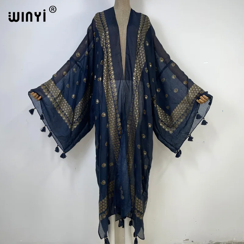 

WINYI Summer tassels Retro Gilding print Women Cardigan Loose Long Dress Party Boho Holiday Beachwear Swimsuit Cover Up kimono
