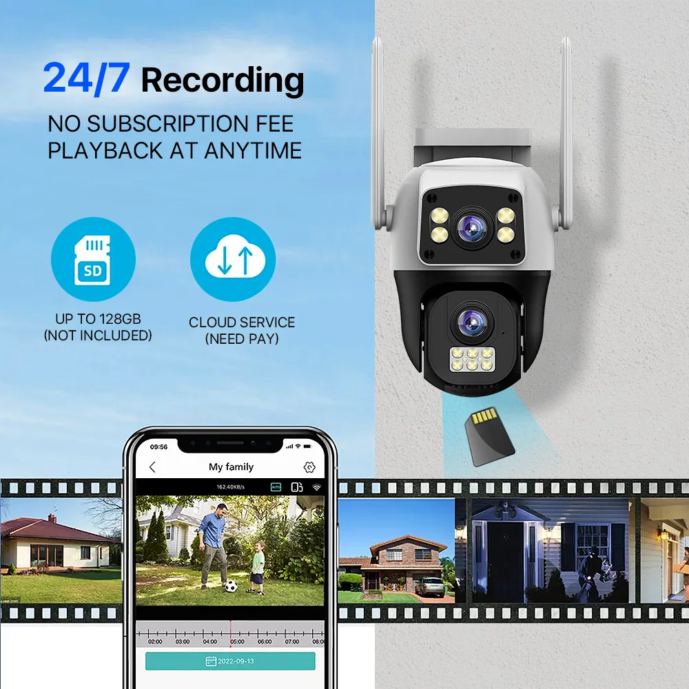 8MP 4G Sim Card Camera Dual Lens Dual Screen Wireless WiFi Outdoor Surveillance Human Detect Security Protection PTZ IP Cameras 5