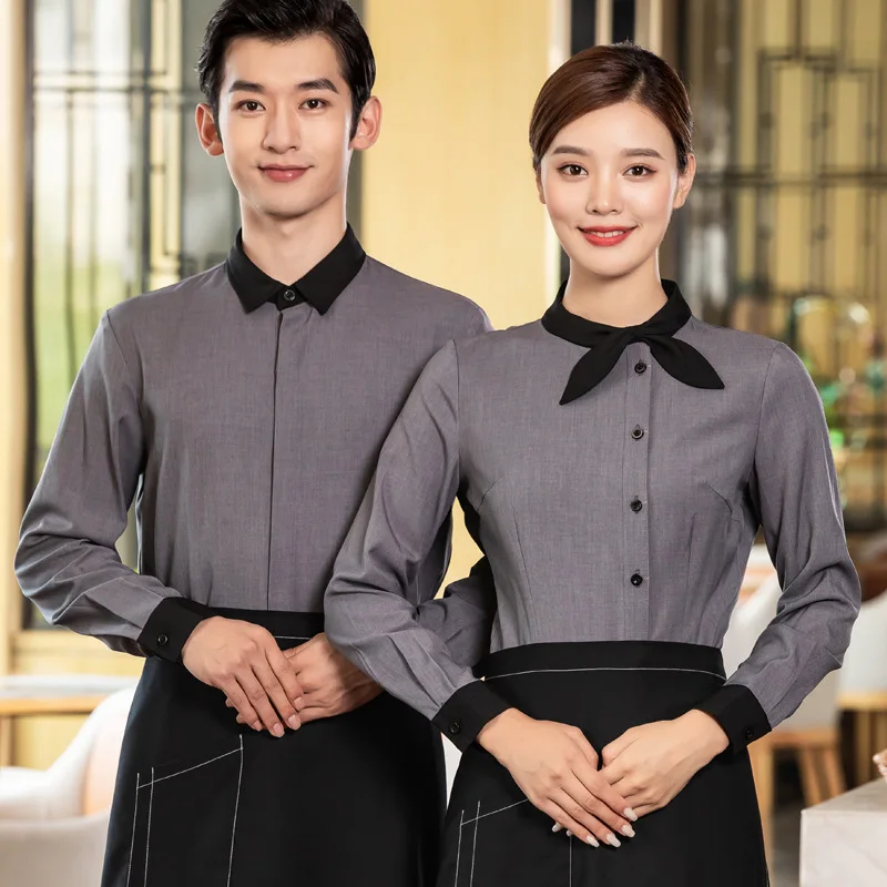 

Cross Collar Shirt Long Sleeve Catering Waiter Workwear Autumn and Winter Hot Pot Restaurant Milk Tea Barbecue Snack Canteen Tak