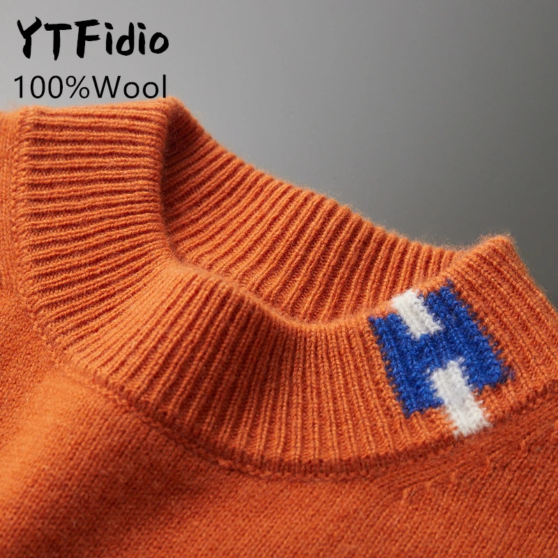 YTFidio 100%Wool Man Winter Sweater Neck Casual Jumpers Warm Solid With H Lettter thickening Knitwear Pullover Tops 130 6