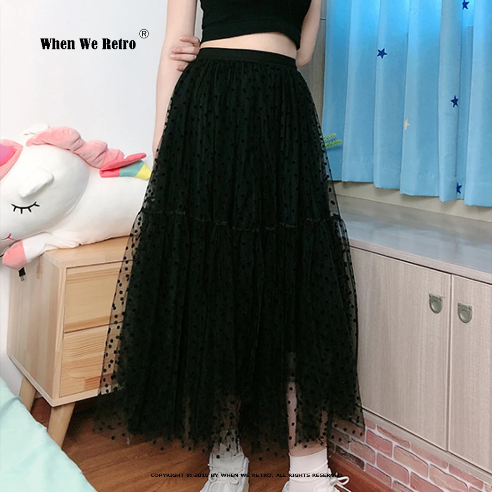 

Hot Spring Summer Polka Dot Tulle Skirts High Waist A Line Flocking Mesh Long Skirt Black Tutu Pleated Jupe Ball Gown VD3717