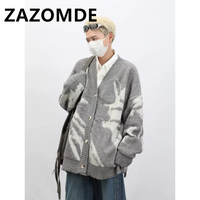 

ZAZOMDE Autumn Harajuku Hip Hop Knitted Cardigan Sweater Winter Oversized Couple Tops Retro Loose Jacquard Button Sweaters Coat