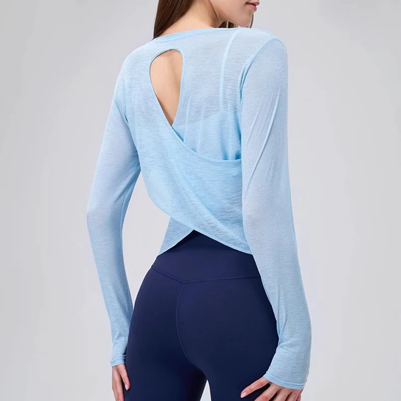 Autumn Thin Long Sleeve Yoga Blouse Loose Fit Breathable Gym Top for Women Hollow Beauty Back Design Running Fitness Pilates 3
