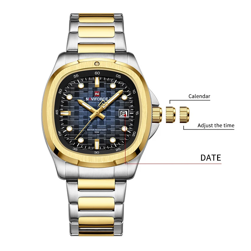 Naviforce Luxury Watch Business Sports Waterproof Male Clock Luminous Square Date Stainless Steel Quartz Men Watch Reloj Hombre, Alina Gadgets