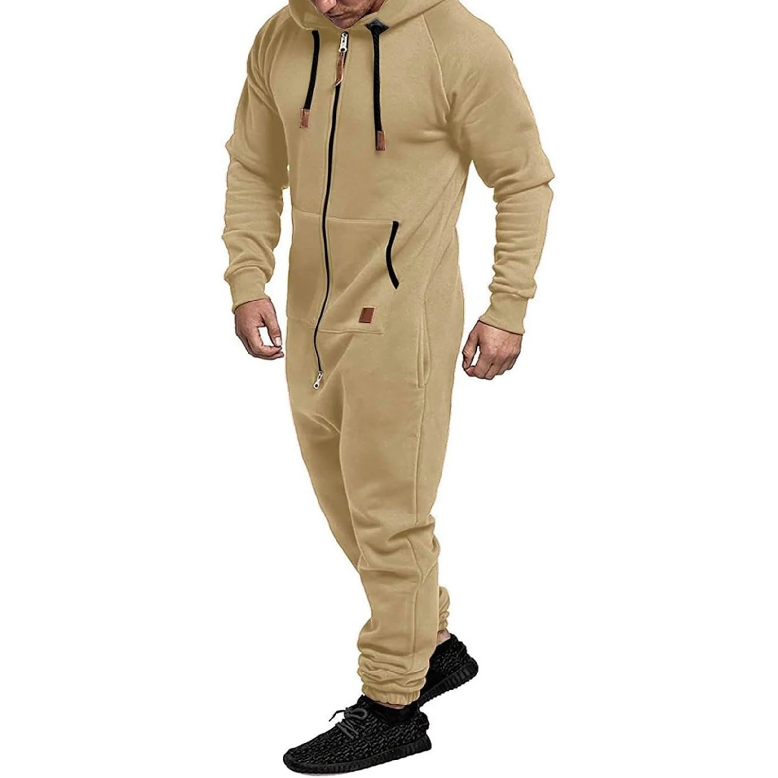 Men's Winter Hooded Jumpsuits with Pockets Warm Long Sleeve Full Zipper Up Overalls Sweatsuits with Drawstring