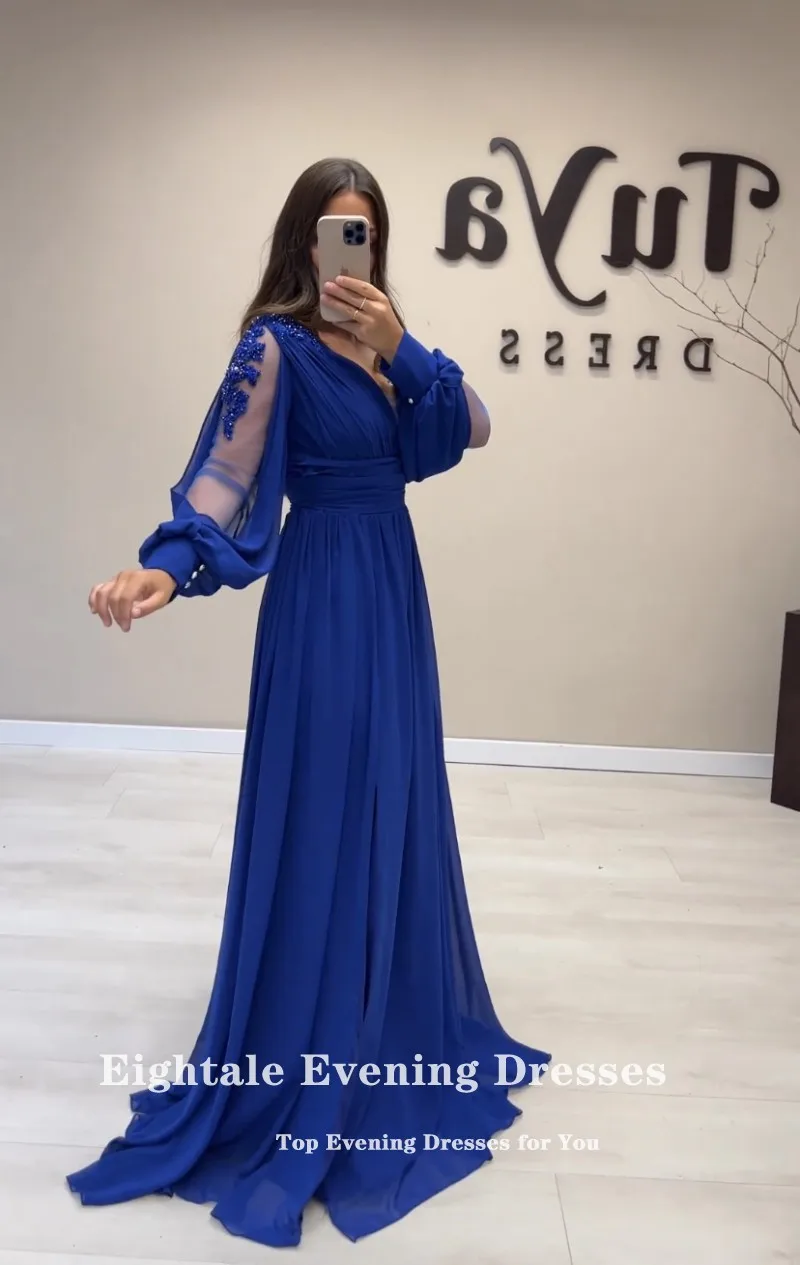 Royal Blue Evening Gown with Flowing Long Sleeves
