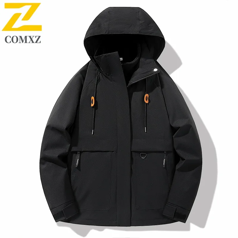 COMXZ Men's Biker Jacket 3-In-1 New Gorpcore Warn Hooded Camping Work Trench Coat 2025 Climbing Windproof Comfortable Outerwear