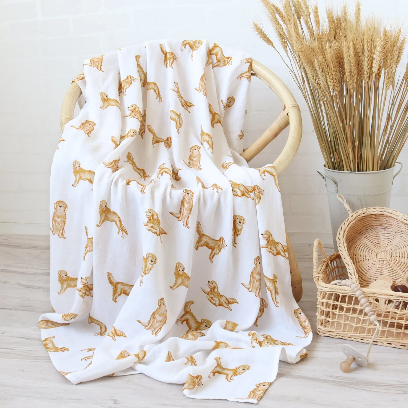 Bamboo Baby Blankets Newborn Golden Retriever Printed Couvertures Et Langes Muslin Swaddle Cotton New Born Infant Receiving Wrap cotton muslin blanket,cotton blanket,swaddle blanket,cotton swaddle,cotton gauze blanket