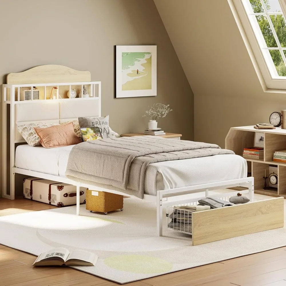 Twin Bed Frame with Guardrail & Bedside Caddy,Multifunctional Headboard with Charging Station,Metal Platform Bed, White 3