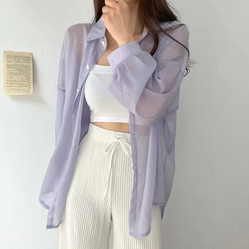 8 Colors Shirts Women Sheer Thin Chic Summer Simple Solid Sun-proof Temper Fashion Baggy All-match Basic Korean Style Clothes summer new ultraviolet proof trench coat for women korean fashion thin style shirt