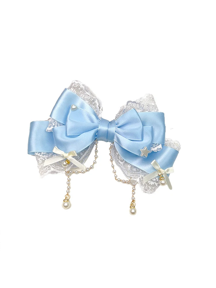 Exquisite and Sweet Lace Pearl Chain Big Bow Pearl Pink Cute Princess Headpiece Hair Clip Accessories Lolita Headpiece Hair Clip