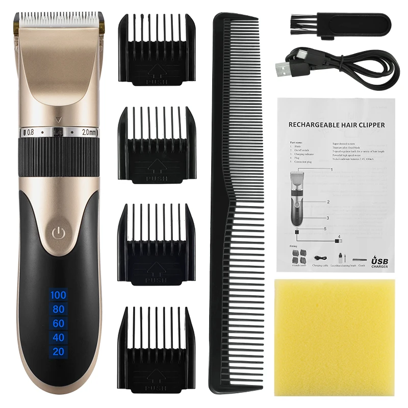Professional Hair Clipper Men's Barber Beard Trimmer Rechargeable Hair Cutting Machine Ceramic Blade Low Noise Adult Kid Haircut 10