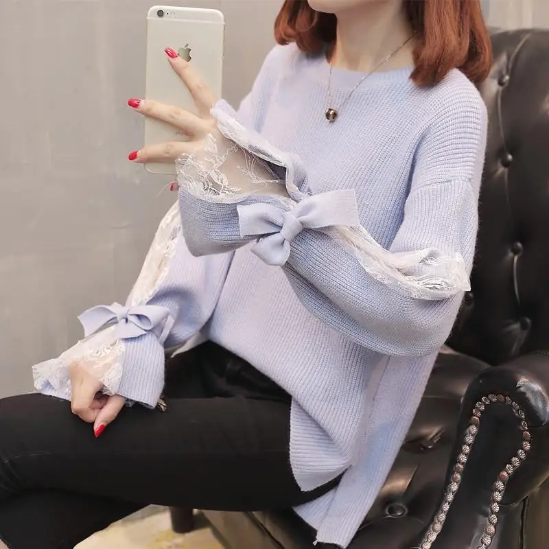 Fashion O-Neck Knitted Spliced Bandage Bow Lace Blouse Female Clothing 2023 Autumn New Casual Pullovers Tops Loose Korean Shirt