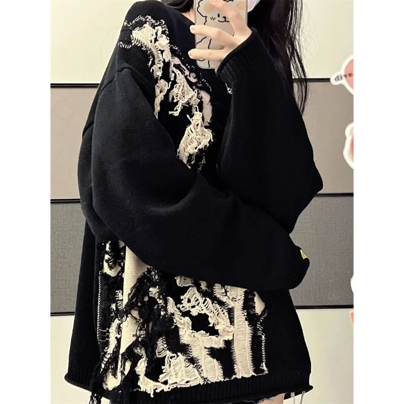 

QWEEK Gothic Black Sweaters Women Y2k Streetwear Oversize Patchwork Knitted Sweater Vintage Harajuku Jumper Girl Winter Pullover