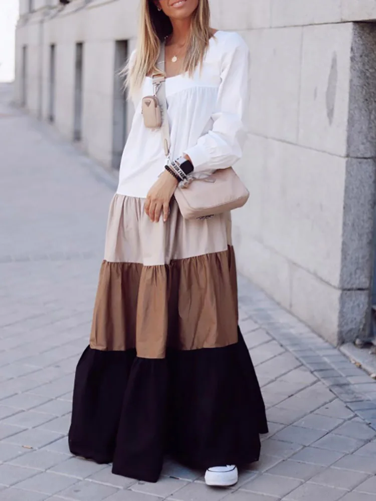 

Женские винтажные плиссированные платья в стиле пэчворк с длинным рукавом, женское пикантное свободное вечернее платье с вырезом-лодочкой, летнее повседневное женское платье, платья