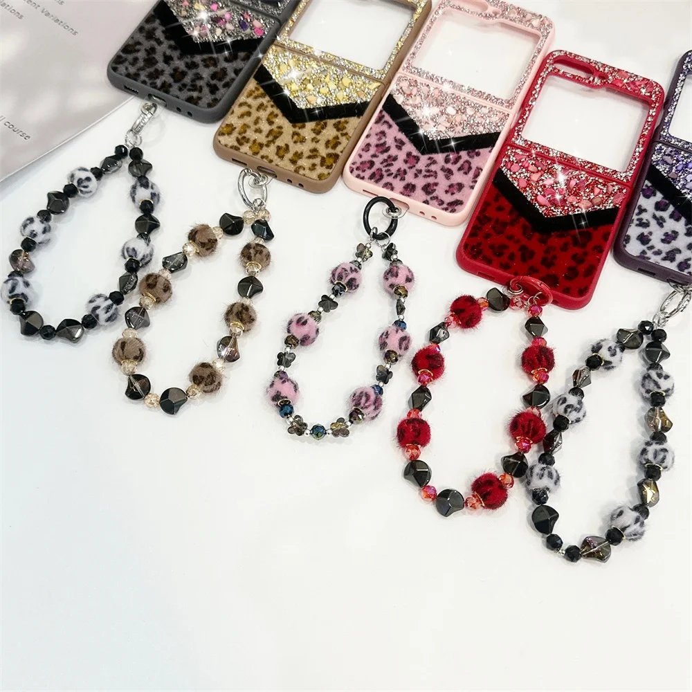 Deluxe Bling Diamond Leopard Furry Plush Winter Case with Wrist Strap