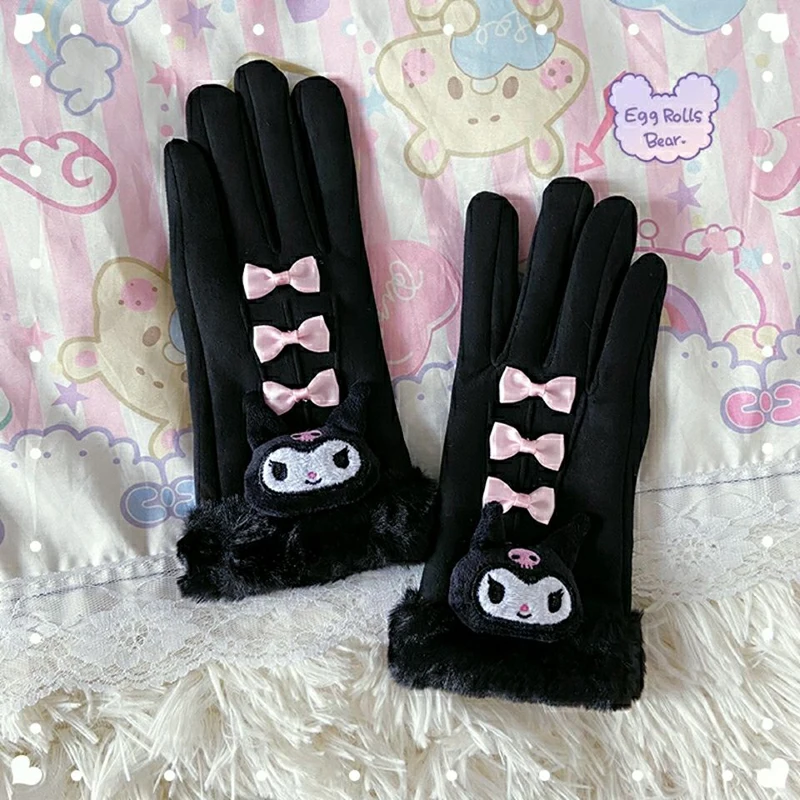 

Kawaii Sanrio Anime Glove Cute Kuromi Versatile Cartoon Warm Winter Thickening Five Finger Touch Screen Glove Gifts for Girls