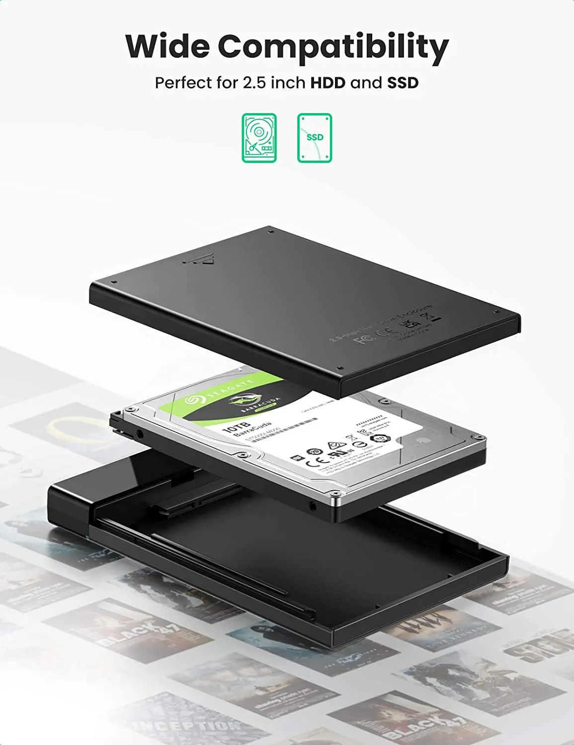 UGREEN 2.5인치 하드 드라이브 인클로저 USB C 3.1 Gen2 to SATA III 6Gbps UASP 외장 케이스 (7mm 9.5mm SSD HDD용)
