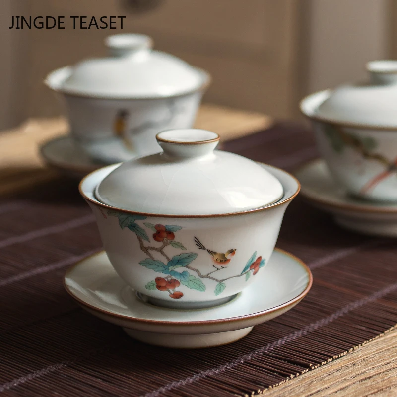Dehua Vintage ceramic Tea Gaiwan Teacup Handmade Tea tureen Chinese Ru Kiln set Accessories Ceremony Drinkware 150ml