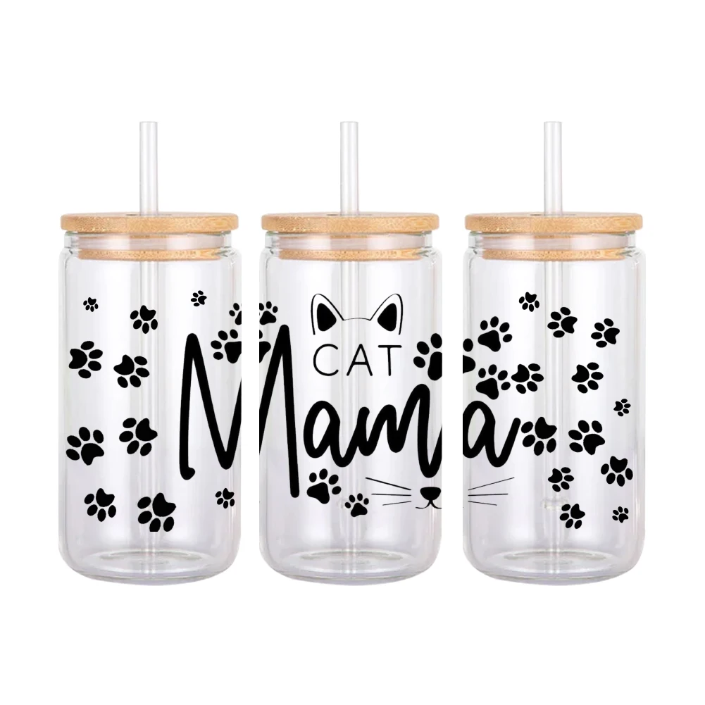 Cartoon Paw Animals Cat Dogs Pattern UV DTF Transfer Sticker Waterproof Transfers Decals For 16oz Glass Cup Wrap Stickers