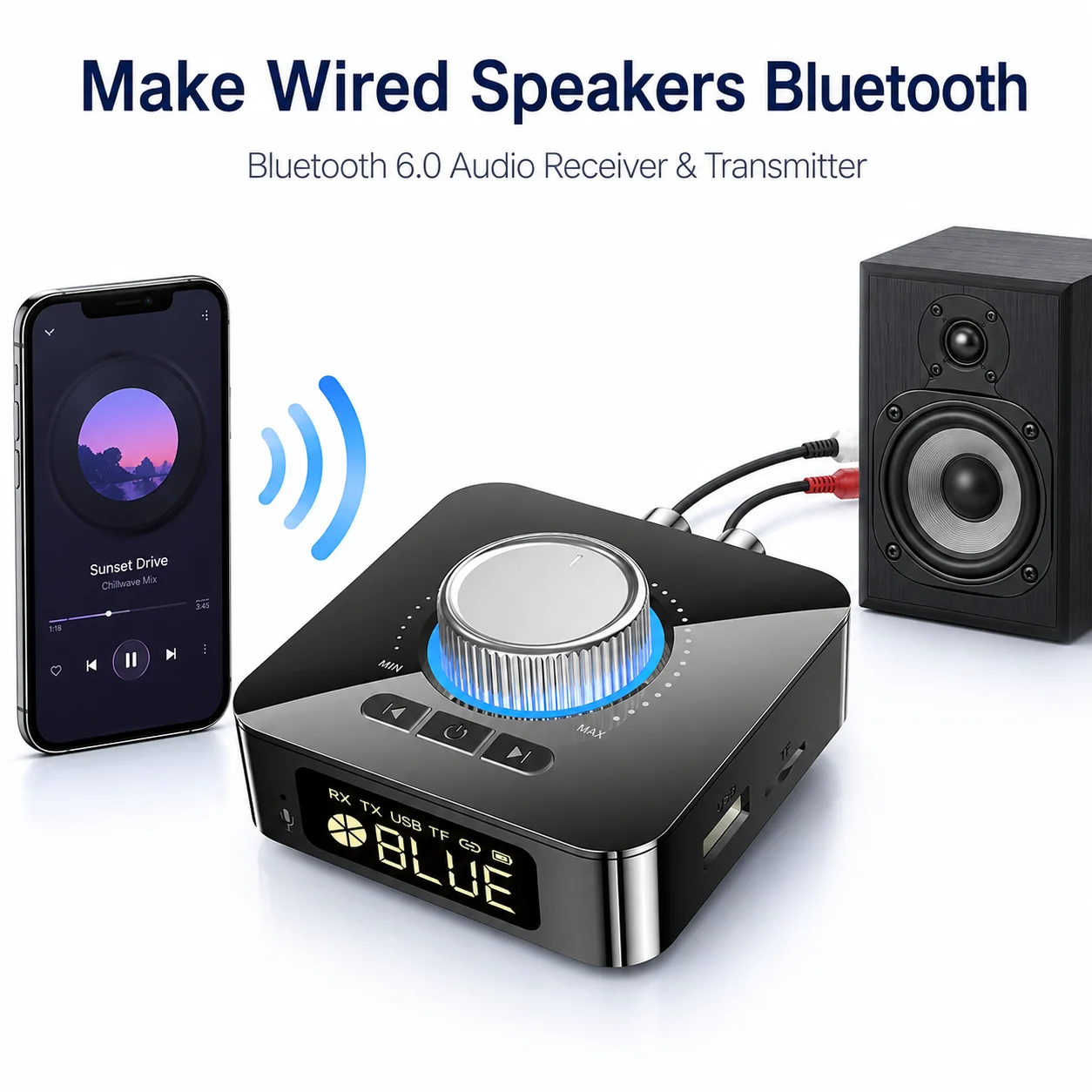 Bluetooth 6.0 Audio Receiver and Transmitter with FM, NFC, and USB Playback for Home Stereo with Hands-Free Calling