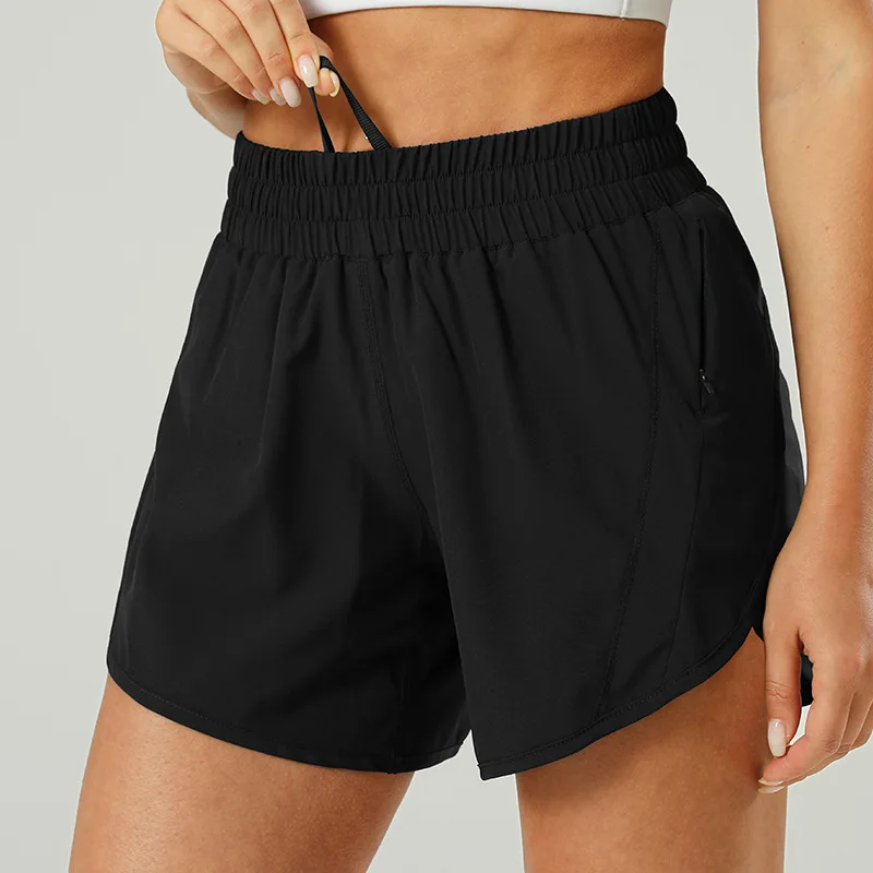 Solid Color High Waist Loose Fitness Short Side Zipper Pocket Gym Yoga Wear Workout Run Sporty Shorts Outfit for Woman Clothing