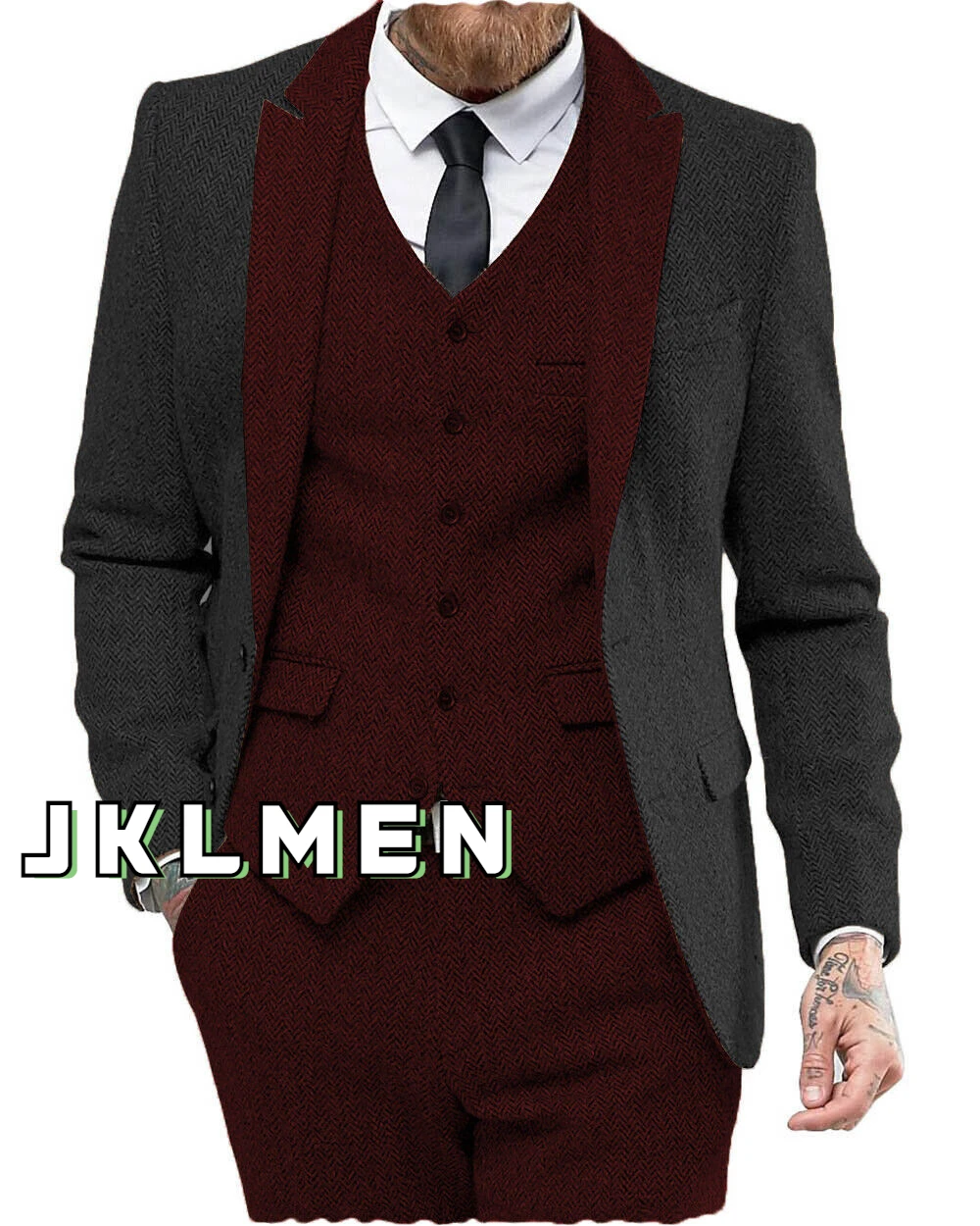 3 Piece Business Mens Suits  Tweed Herringbone Blazer Wool Tuxedo Stitching Style Groosemen for Wedding(Blazer+vest+Pants)