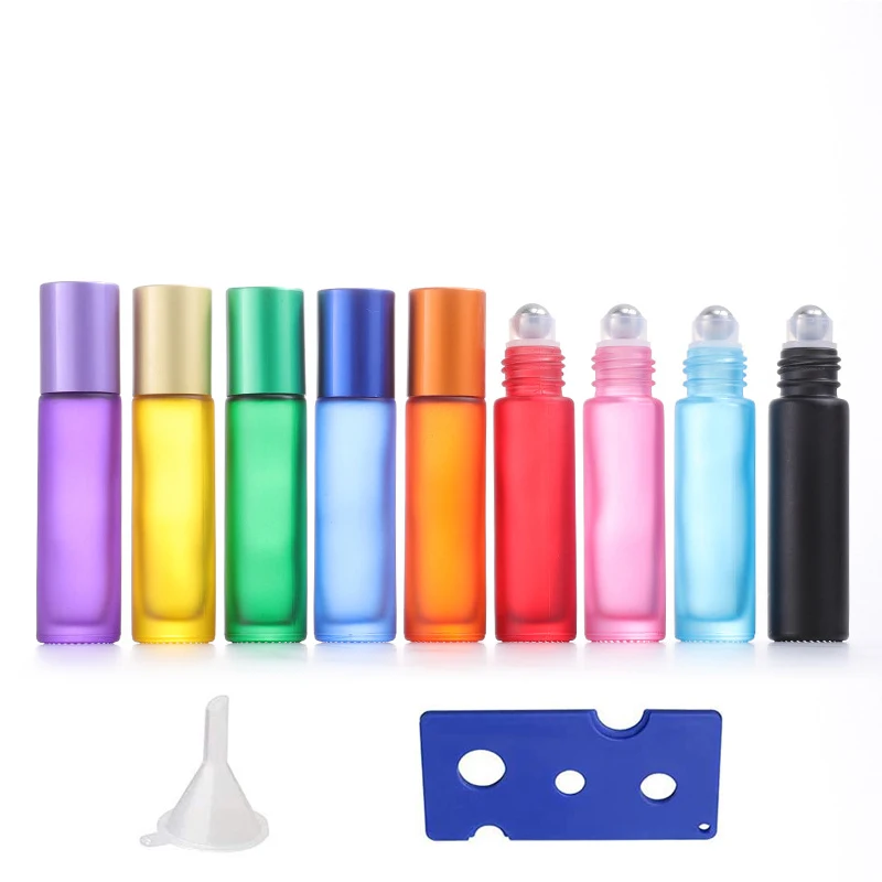 

5Pcs 5ml 10ml Frosted Glass Essential Oils Roller Bottles Refillable Empty Roll on Vials With Opener Funnels For Aromatherapy