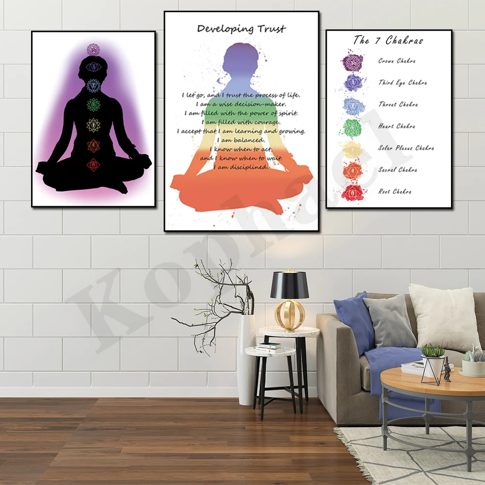 Sette Chakra. Guarigione. Consapevolezza. Affermazione Per Lo Sviluppo Della Fiducia. Chakra Simboli Wall Art Poster