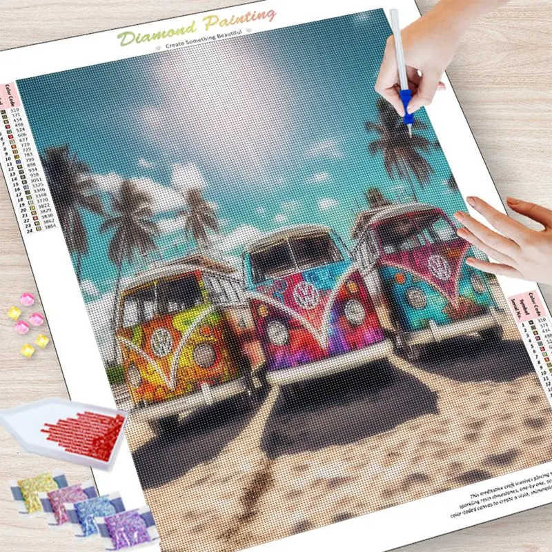 CHENISTORY Diamond Mosaic Embroidery Beach Bus Scenery 5D DIY Diamond Art Painting Paintings For Interior Decoration For Home diamond painting painting set