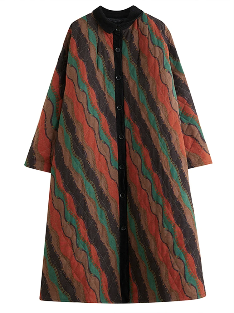 Winter Cotton Coat Ethnic Style Long Sleeve Vintage Single Breasted Women Patchwork Casual Loose Medium Length Striped Outerwear