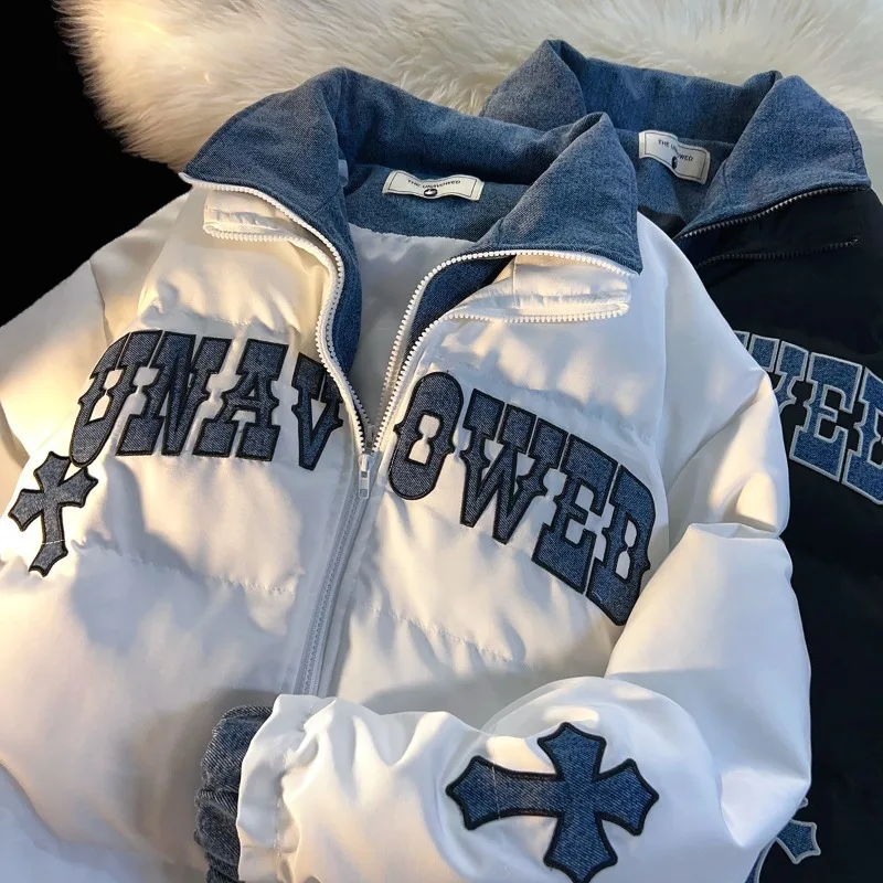 

American New Street Brand Fake Two-letter Patch Denim Jacket Y2K Gothic Punk Sweet Whispering Couple Bread Cotton-padded Jacket