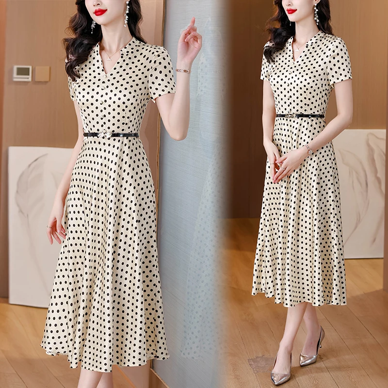 2025 Women Dot Solid Satin Vintage Luxury Bodycon...