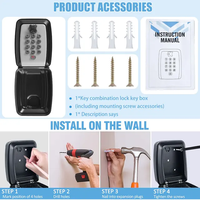 Wall-Mount Key Storage Box Secret Code Portable Combination Key Holder Box Weatherproof Safe Spare Key Storage for Home Office 4
