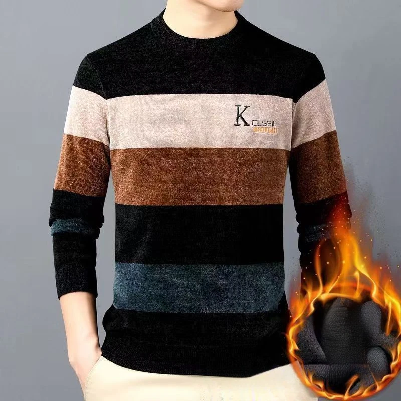 Thicken Winter Thermal Men Plus Fleece Sweater Loose Round Neck Long Sleeve Printing Stripe Contrast Color Pullover Knitted Tops 5
