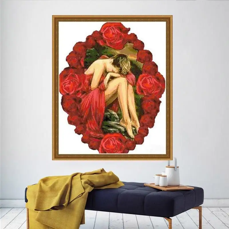

Pure handmade cross stitch finished rose beauty oil painting version Sleeping Beauty Rose Living Room Bedroom European American