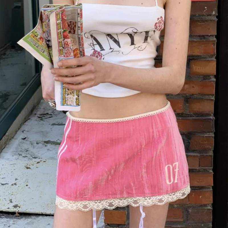 DEEPTOWN Coquette Y2K Pink Skirt Women Vintage Streetwear Low Waist Slim Lace Patchwork Sexy Velvet Mini Skirt Summer Skirt