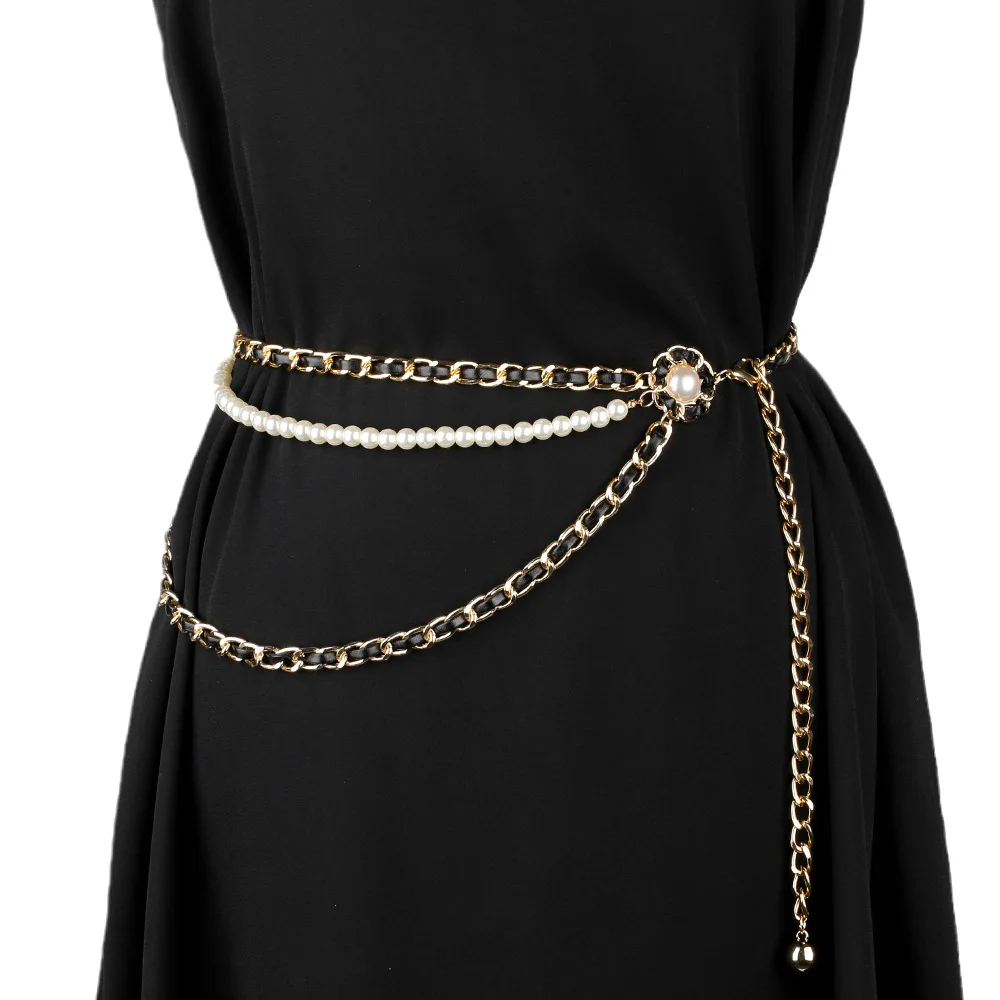 

Women Belt Fashion Hip High Waist Black Silver Colors Narrow Metal Chain Belts Gothic Decor Fringes Pearl Waist Cuban Chain 2022