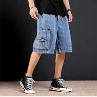 Pantalones cortos de mezclilla para hombre, rectos, holgados con texto, pantalones vaqueros cortos sueltos para hombre, venta de verano, pantalones finos para hombre, pantalones vaqueros masculinos con cintura elástica 6