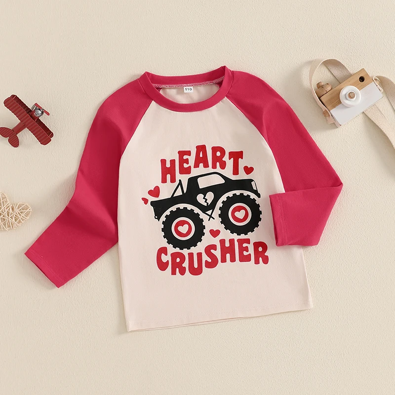 Little Boys Valentine s Day Casual Tops Long Sleeve Crewneck Letter Tractor Print Loose Fit T-shirt