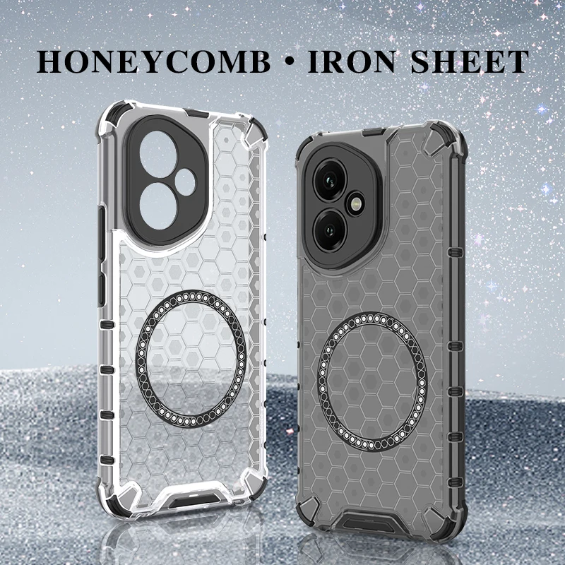 Shockproof Transparent Honeycomb Phone Case with Magnetic Ring and Full Back Cover
