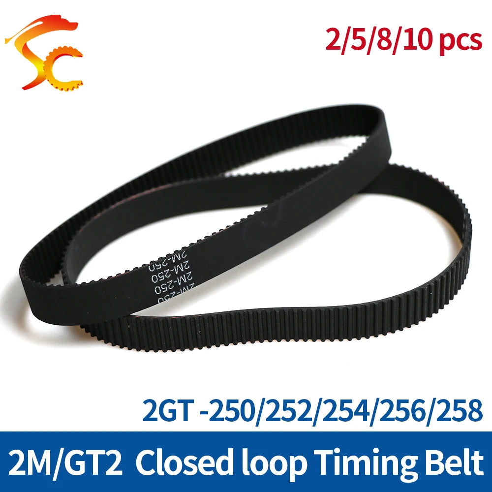 고무 폐쇄 루프 동기 벨트, GT2, 길이 250, 252, 254, 256/258, 6, 9, 10, 15mm, 2M