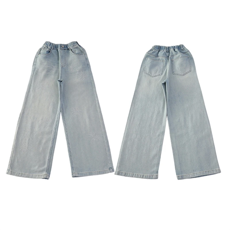 세련된 아동용 꽃 장식 청바지, 십대 소녀들을 위한 캐주얼 스트레이트 핏 크리스탈 데님 팬츠, 키즈 스트리트 디자인 청바지