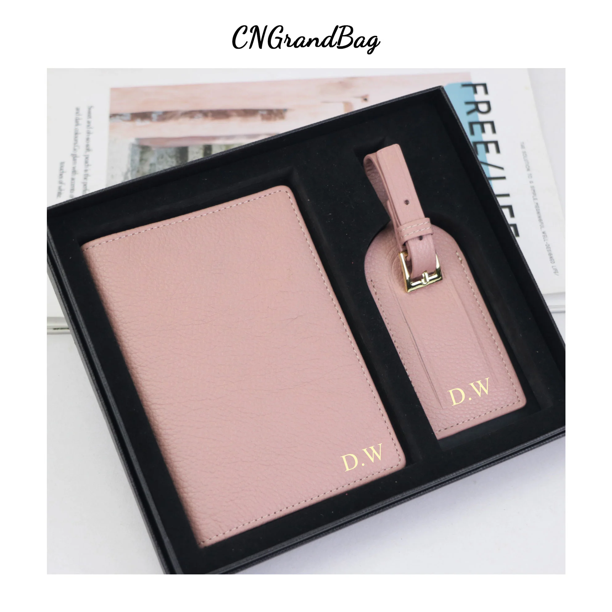 Free Monogrammed Initial Letters Gift Box  Cow Pebble Leather Set Passport Holder Luggage Tag Passport Cover Travel Accessories