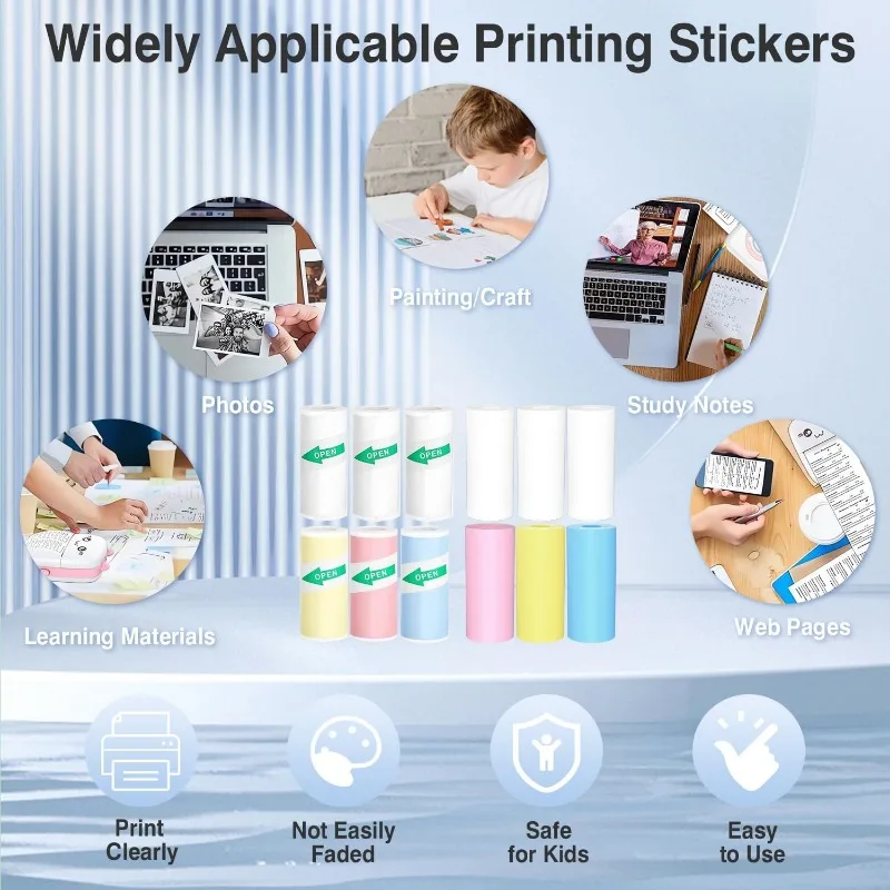 Mini Printer Paper Thermal Sticker Printer Paper Photo Print Labels Kids Camera Paper for Various 57mm Inkless Sticker Printers