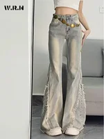 Vintage Casual Trashy Flared Pants Women's Y2K Tassels Full Length Denim Trouser Street Retro Grunge 2000s High Waist Jeans - Image 3