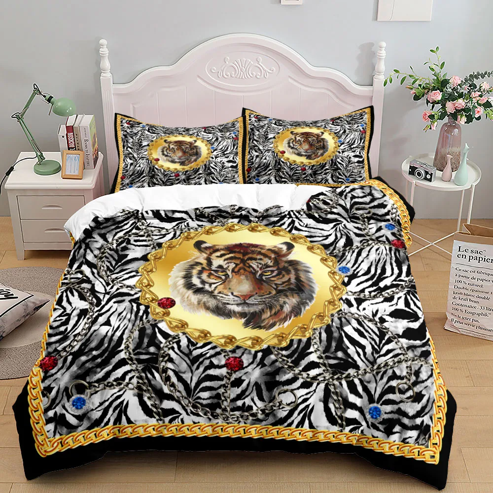 European Style Golden Baroque Pattern Wild Tiger Duvet Cover Set King Queen Double Twin Single Bed Linen Set 1