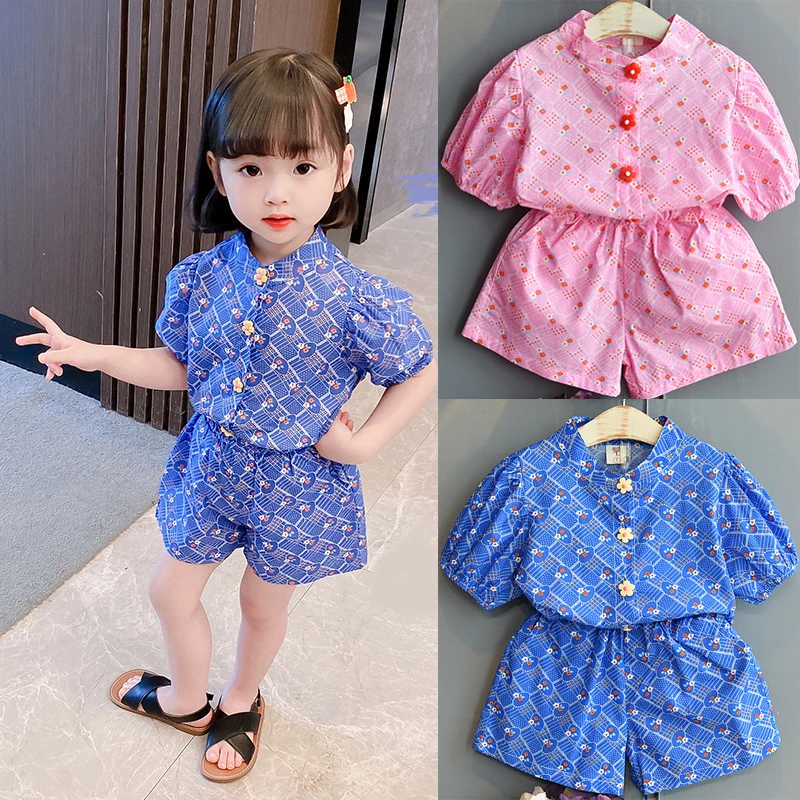 

Summer Girls Clothing Set 2 Color Pure Cotton Plaid Print Short Sleeve + Shorts 2Pcs Suit For 2-6 Years Old Girls Casual Outfit