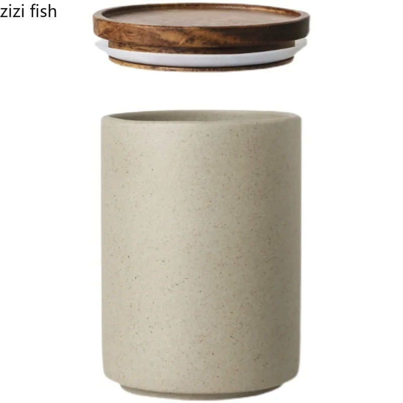 Retro Ceramic Storage Jar Wooden Lid Sealed Can Organizer Box Home Kitchen Food Storage Containers ceramic storage jar