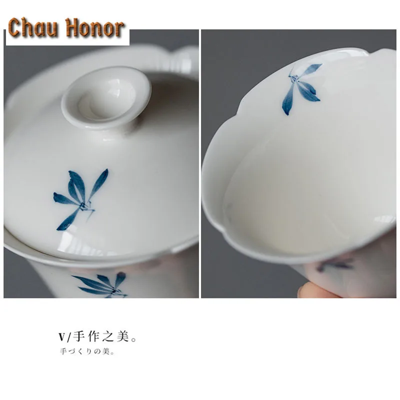 100ml Boutique Pure Handpainted Butterfly Orchid Art Tea Tureen White Porcelain Sunflower Mouth Tea Maker Gaiwan Ceramic Teaware
